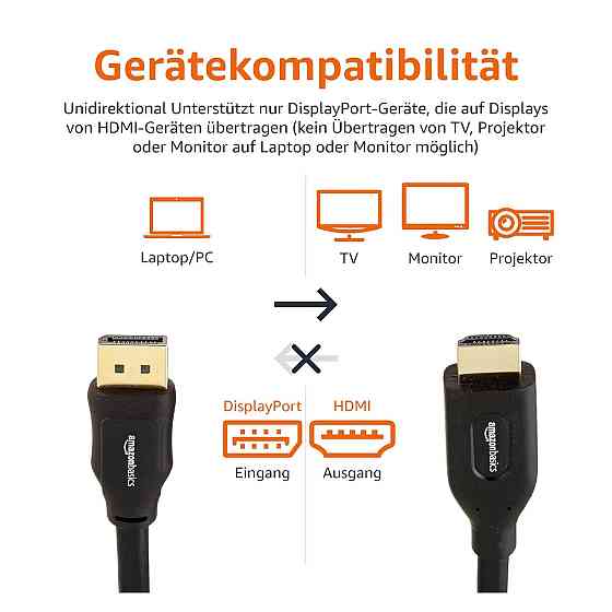 Кабель шнур DisplayPort to HDMI Amazon Basics 1.8 м для ПК монітора проектора ТВ 1080p 1920x1200 золоті контакти Київ