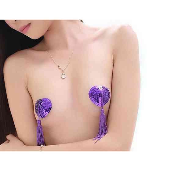 Наклейки для сосків Hearts з паєтками та пензликами - Бузковий  - Еротична білизна Вінниця