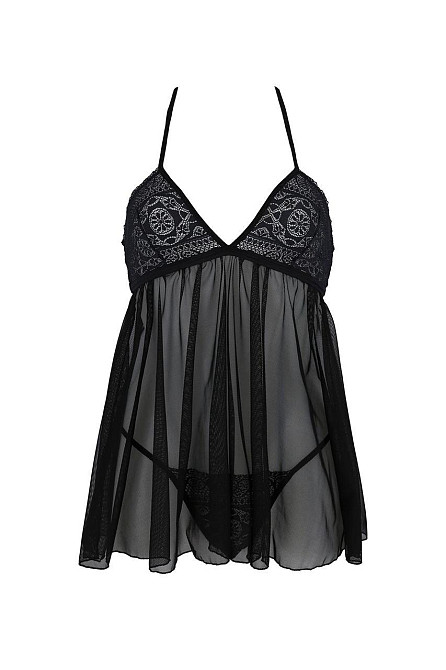 Пеньюар Passion KERRIA CHEMISE black, L/XL, мереживний верх, трусики в комплекті Sex Aura Київ - фото 3
