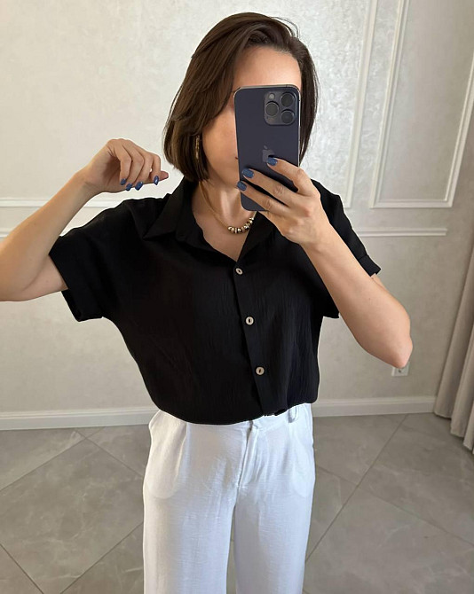 Жіноча легка базова сорочка з коротким рукавом на ґудзиках американський креп Чорний, 54/56 Одеса - фото 1