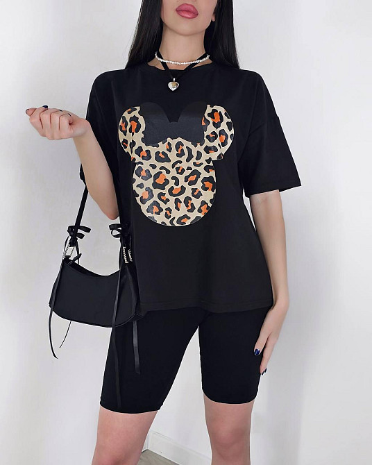 Женский летний костюм двойка: футболка с микки маусом и велосипедки турецкий кулир Черный, 42/44 Одесса - изображение 1