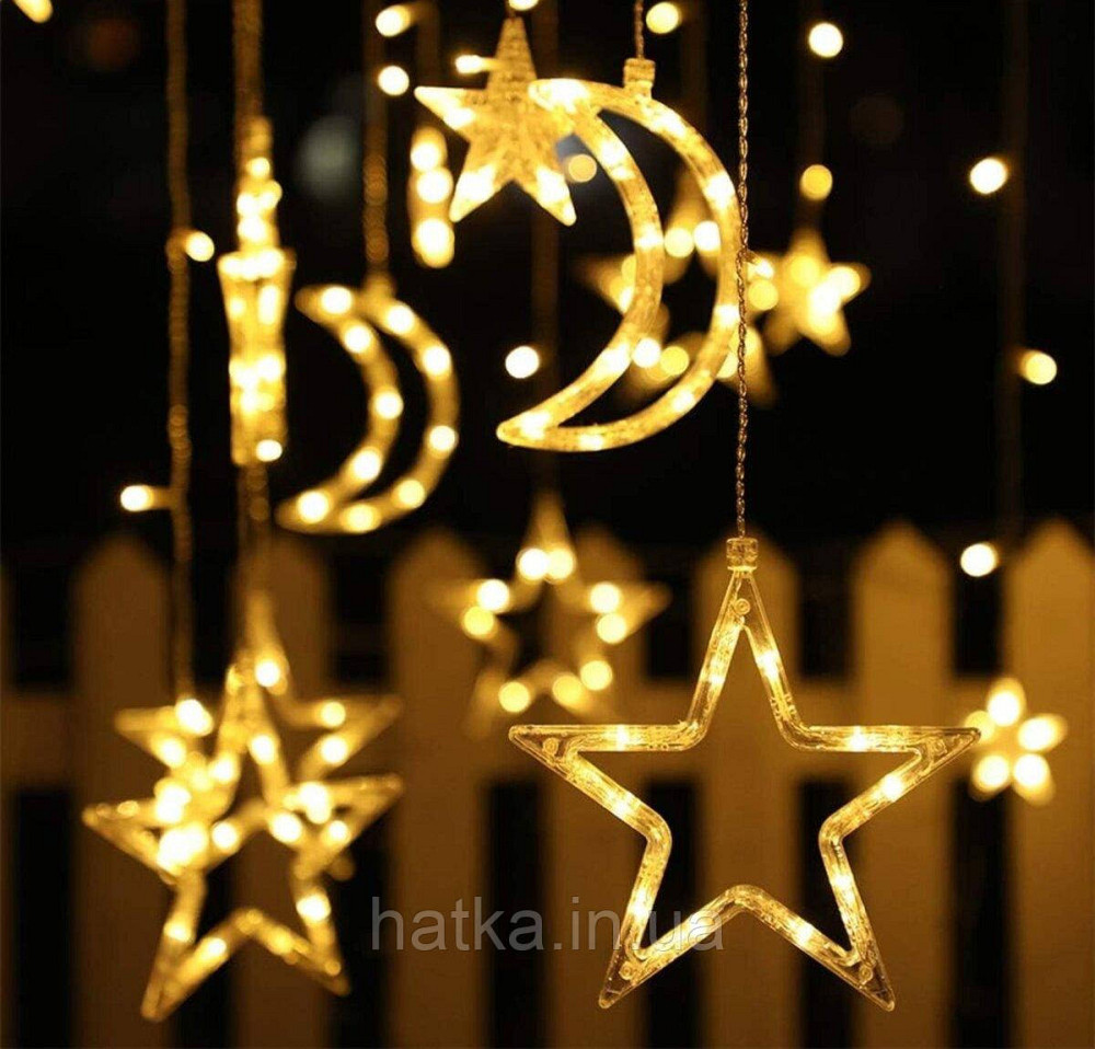 Гірлянда штора LED новорічна VALESO зірки/місяць 12 підвісок 3м×0,6м тепле світло LKS3436 Київ - фото 1