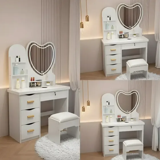 Туалетный столик с LED-зеркалом в форме сердца и пуфиком STL-MD 85 Коломия