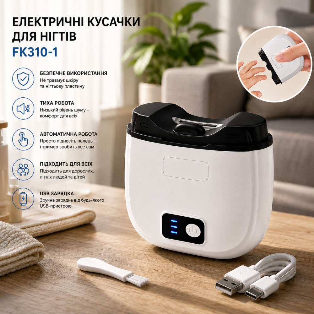 Электрические кусачки для ногтей FK310-1, автоматический триммер для маникюра, USB, тихий, безопасный для взрослых, пожилых людей Киев - изображение 1