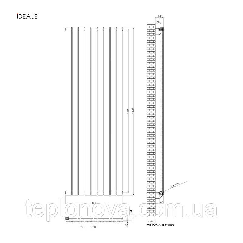 Дизайнерский радиатор 1800/612 (мм) антрацит IDEALE VITTORIA (боковое подключение) 11 9/1800/612 Черновцы - изображение 4
