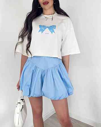 Женский летний романтичный костюм двойка: футболка и юбка турецкий кулир + коттон Голубой, 46/48 Одесса