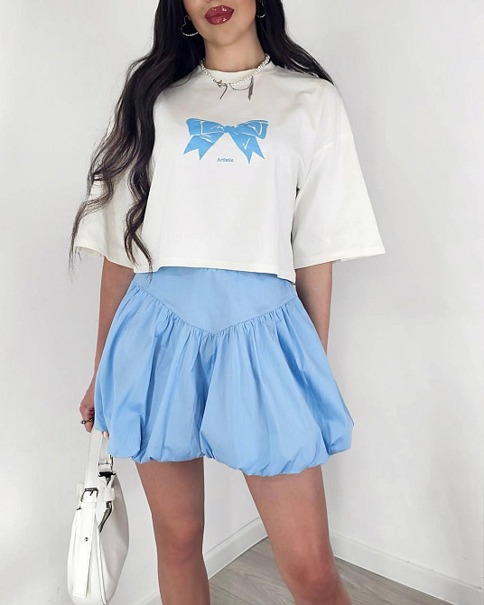 Женский летний романтичный костюм двойка: футболка и юбка турецкий кулир + коттон Голубой, 46/48 Одесса - изображение 1