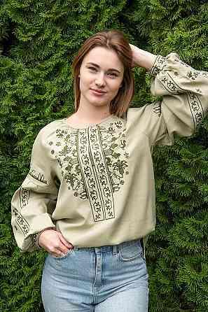 Вышиванка женская с длинным рукавом  льняная, оливковая топ Киев