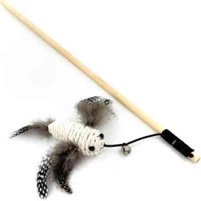 Игрушка для кошек Hippie Pet Вудка з пташкою з мотузки та пір'я біла 40 см (HIPCW2303008B) Винница