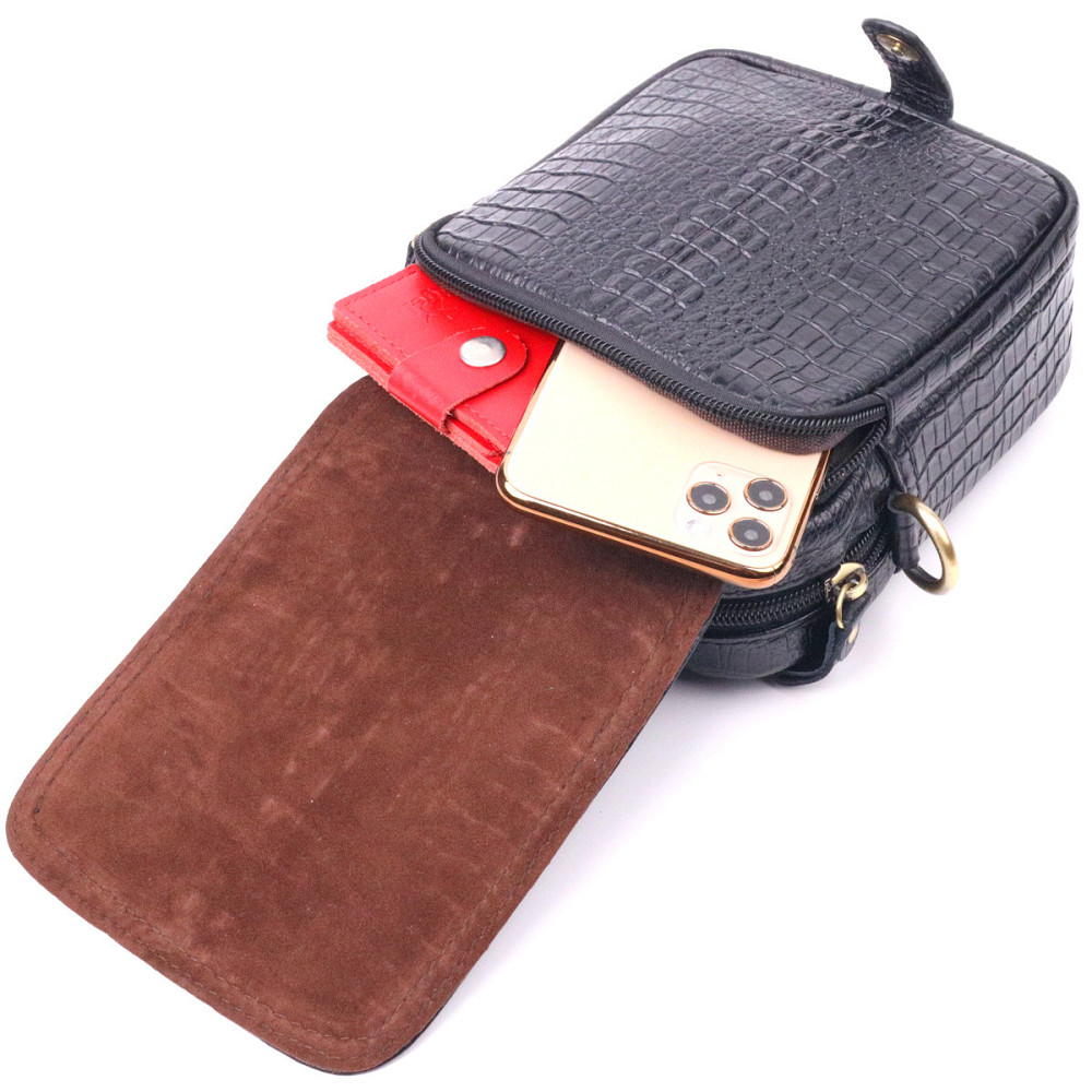 Невелика чоловіча сумка з натуральної шкіри з фактурою під крокодила 21299 Vintage Чорна Київ - фото 8