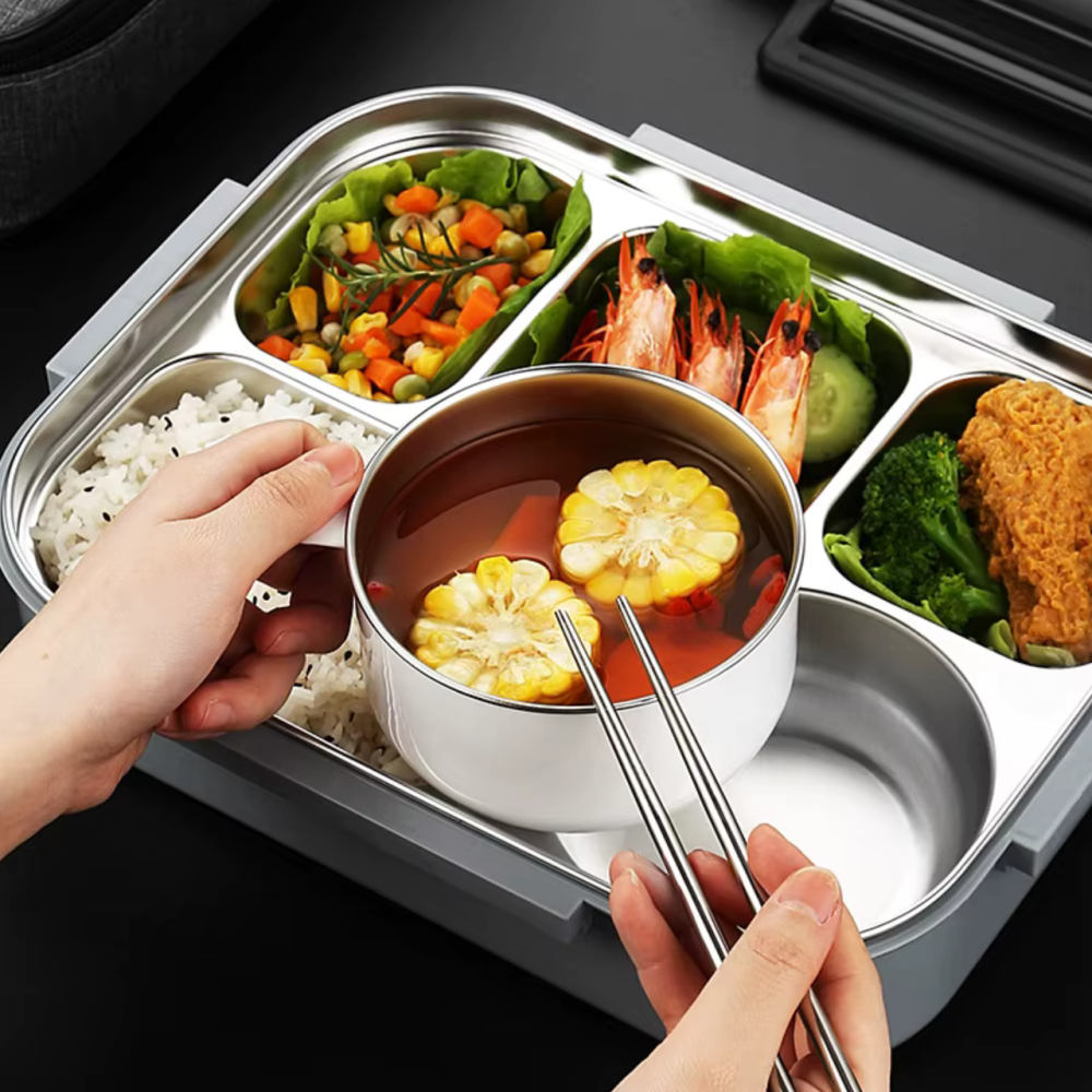 Ланч-бокс для горячей и холодной еды с контейнером из нержавеющей стали,столовыми приборами и ёмкостью для супа, чёрный Каменец-Подольский - изображение 2