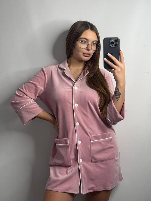 Женская рубашка-халат плюш-велюр Пудровый б/к XL-XXL Харьков - изображение 1
