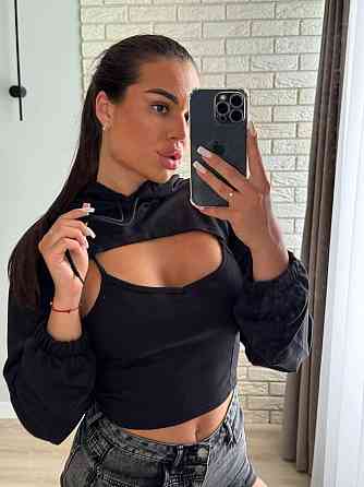 Жіночий стильний комплект оверсайз: топ і накидка з капюшоном двонитка + рубчик Чорний Одеса