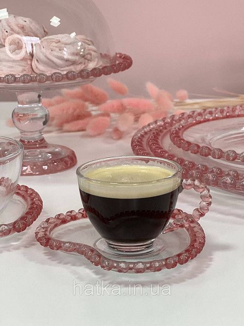 Чашка з блюдцем "Рожеве серце" для чаю 200 мл, прозора з рожевим обідком у вигляді серця Київ - фото 1