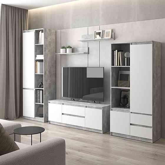 Комплект мебели в гостиную VAYS, шкаф R-26 шкаф R-27 тумба R-28 полки М-22 Бетон-Белый фасад Львов