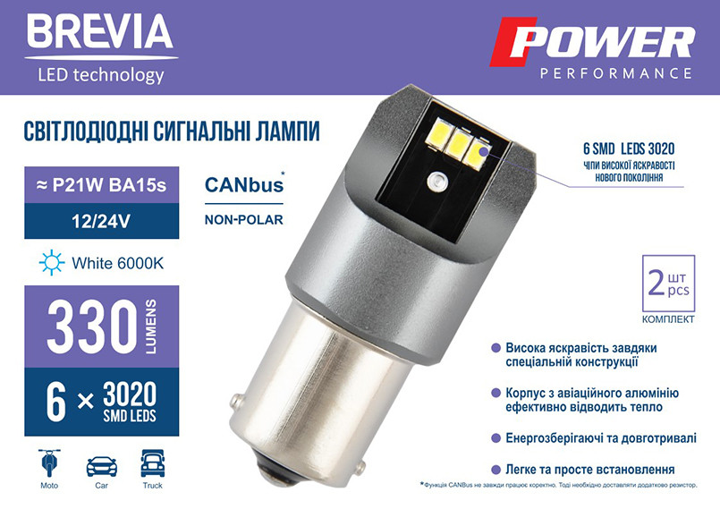 Автолампа Brevia Power LED P21W 330Lm 6x3020SMD 12/24V CANbus, 2шт Львів - фото 2