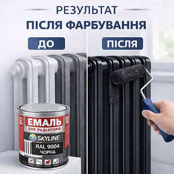 Акрилова емаль для радіаторів і труб опалення SkyLine, глянцева, термостійка, без запаху, чорна, 750 мл Харків