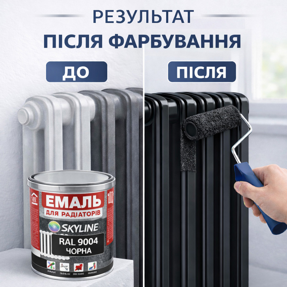 Акрилова емаль для радіаторів і труб опалення SkyLine, глянцева, термостійка, без запаху, чорна, 750 мл Харків - фото 4
