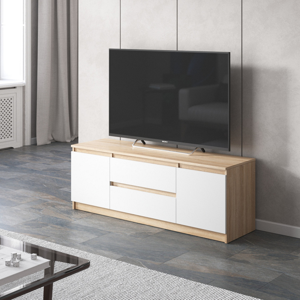 Тумба под телевизор VAYS, для гостиной, современная, 2 выдвижных ящика и две двери, без ручек R-28 Дуб Сонома-Белый фасад Львов - изображение 1