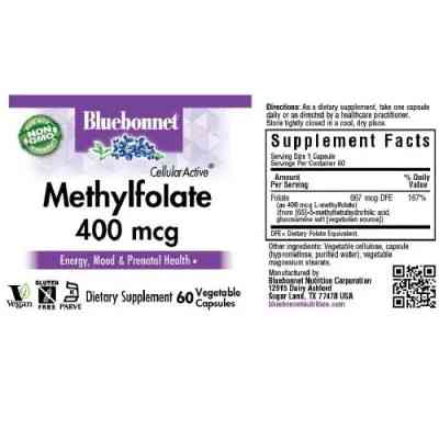 Вітамінно-мінеральний комплекс Bluebonnet Nutrition Метилфолат (B9) 400мкг, Cellular Active, Methylfolate, 60 вегетаріанських (BLB0456) Вінниця
