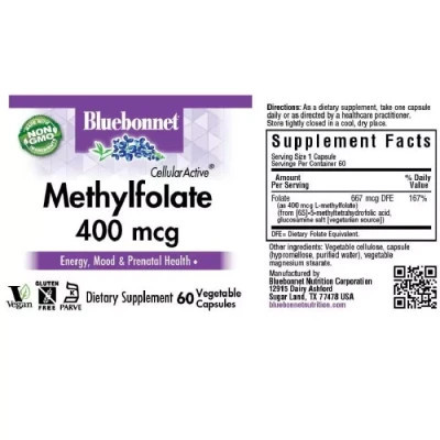 Вітамінно-мінеральний комплекс Bluebonnet Nutrition Метилфолат (B9) 400мкг, Cellular Active, Methylfolate, 60 вегетаріанських (BLB0456) Вінниця - фото 2