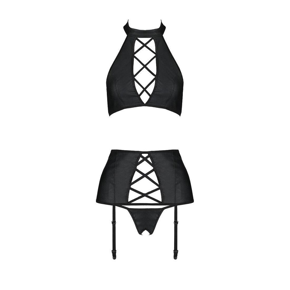Комплект з еко-шкіри з імітацією шнурівки Passion NANCY SET L/XL black топ, трусики, пояс для панчіх Sex Aura Київ - фото 3