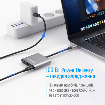 Концентратор ColorWay USB-C 3-in-1 USB 3.0 + HDMI 4K + USB-C PD100W (CW-HUB08) Вінниця - фото 2