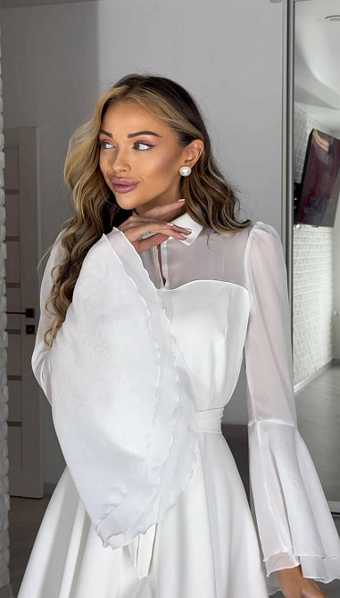 Жіноче ніжне плаття з шифоновими рукавами та воланами костюмка + шифон Молочний, 42/44 Одеса - фото 8