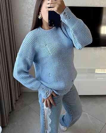Жіночий затишний оверсайз светр із рваним ефектом машинне в'язання Блакитний Одеса