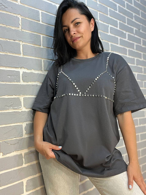 Футболка женская Yi Fang 320 оверсайз удлиненная заклепки бра one size, графит, one size Киев - изображение 10