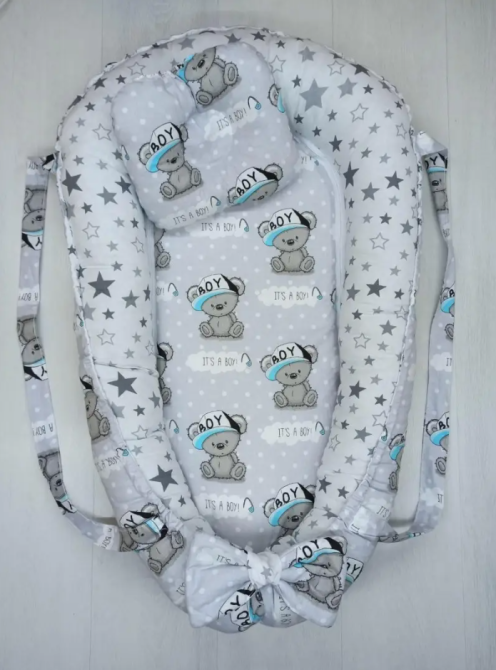 Позиціонер для новонародженого кокон, babynest з ручками, зі знімним дном + подушка BST Ведмедик Сірий Кривий Ріг - фото 1