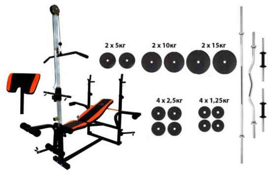 Лавка з верхньою тягою + 4 грифа + 75 кг дисків Гантелі, гирі, штанги та диски АВС пластик комплект Київ