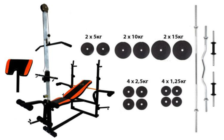 Лавка з верхньою тягою + 4 грифа + 75 кг дисків Гантелі, гирі, штанги та диски АВС пластик комплект Київ - фото 1