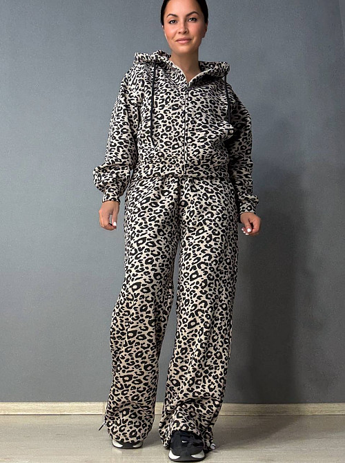 Костюм женский W 9231 леопардовый утепленный флис худи и брюки палаццо коричневый, коричневый, M Киев - изображение 15