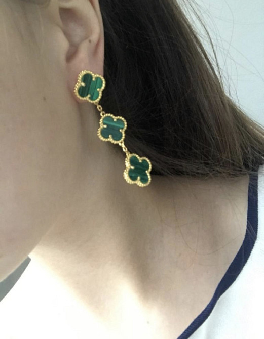 Сережки зелені довгі/лівер Ван Кліф/3 елементи, покриття лимонне AU 750 Одеса - фото 2
