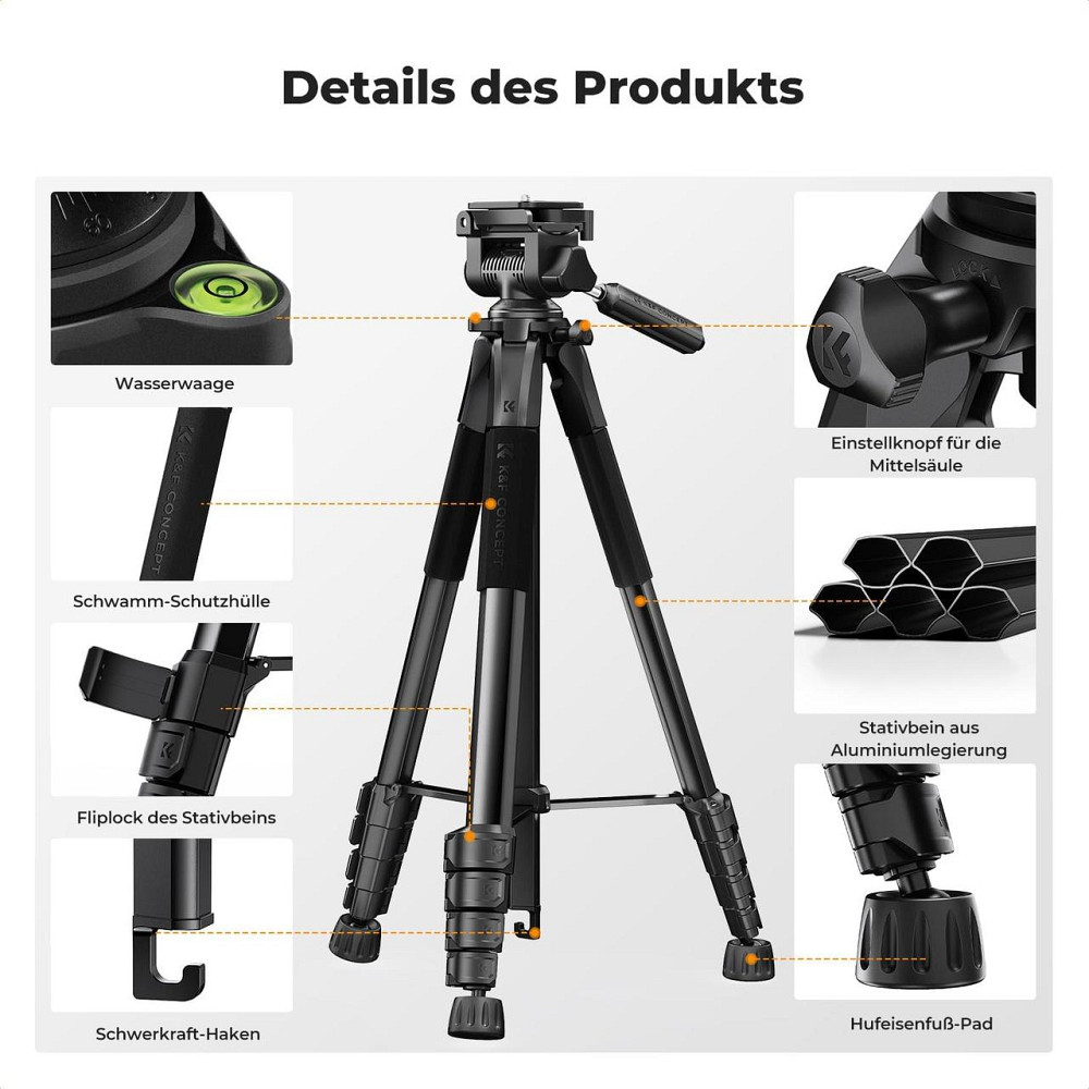 Штатив K&F CONCEPT S255A3+BV01 черный 190 см алюминиевый до 4 кг легкий компактный Киев - изображение 3