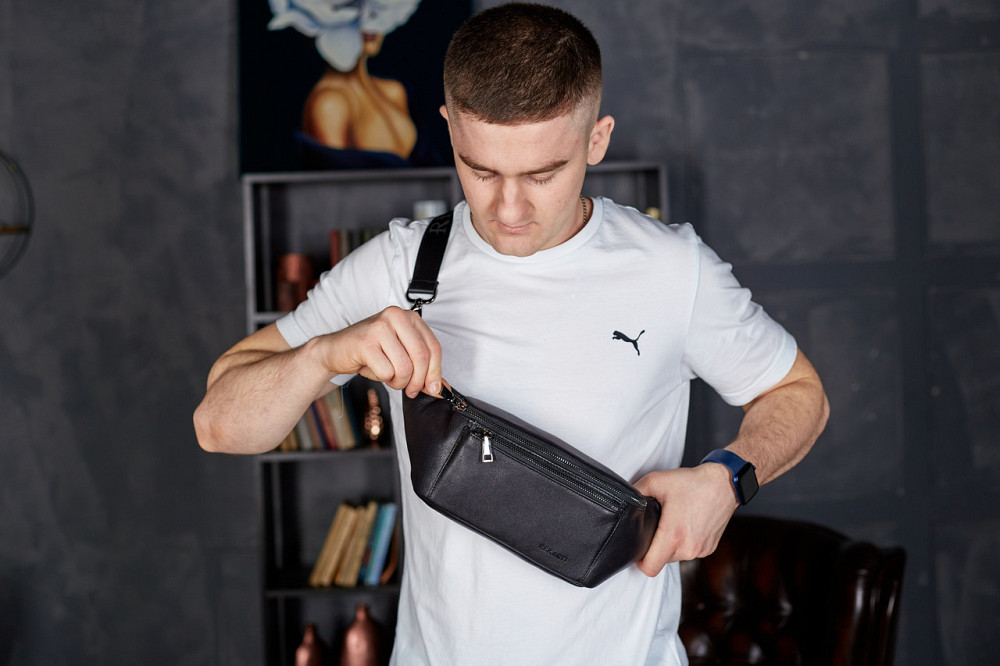 Сумка-бананка для телефону 11х25х8, стильний слінг із натуральної гладкої шкіри TD-31848 чорний Київ - фото 7