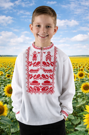 Вишиванка для хлопців і підлітків біла з червоною вишивкою, льон натуральний, сорочка вишита лляна , вишиванки для хлопчиків 116 Київ