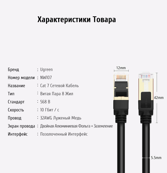 Патч-корд Ugreen NW107 прямой UTP сетевой кабель Ethernet Cat7 с RJ 45 (Черный, 1м) Николаев - изображение 9