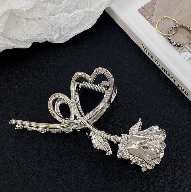 Заколка-краб для волос металлическая Роза с сердцем серебристая 11 см Киев - изображение 1