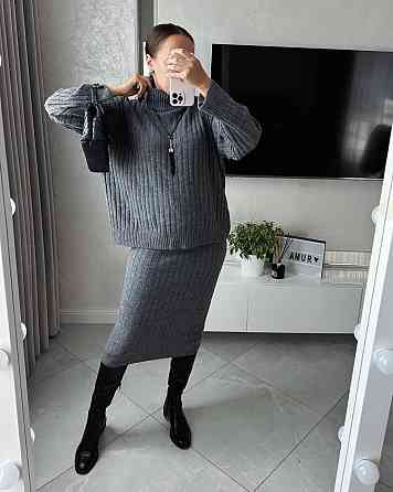 Женский теплый базовый костюм: свитер и юбка машинная вязка + ангора Антрацит Одесса