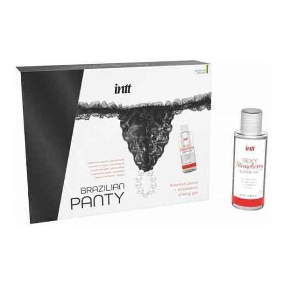 Набор Intt BRAZILIAN PANTY BLACK: трусики на резинке S-XL с жемчужным кольцом + клубничная смазка Sex Aura Киев