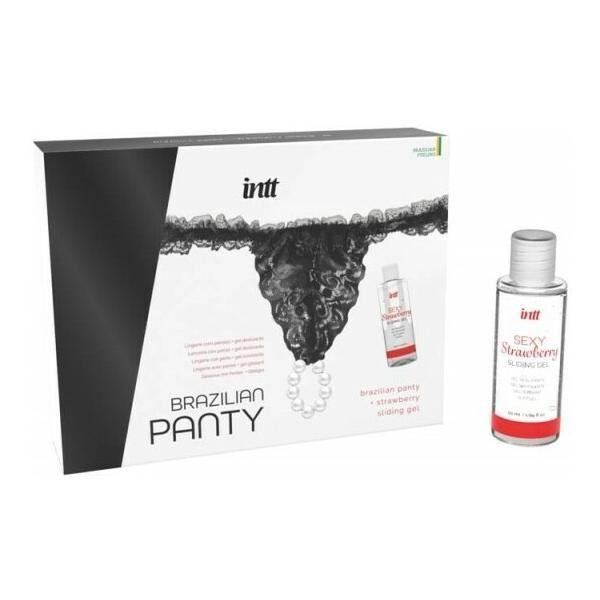 Набор Intt BRAZILIAN PANTY BLACK: трусики на резинке S-XL с жемчужным кольцом + клубничная смазка Sex Aura Киев - изображение 1