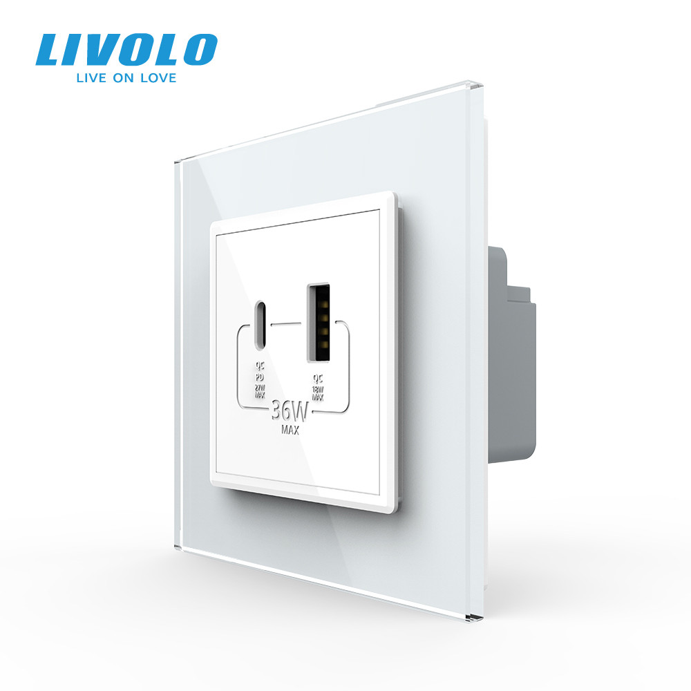 LIVOLO Розетка USB-A та USB-C з Power Delivery 36W Livolo сірий скло (VL-C7FCUA18W.UC18W-2IP) Коломия - фото 3