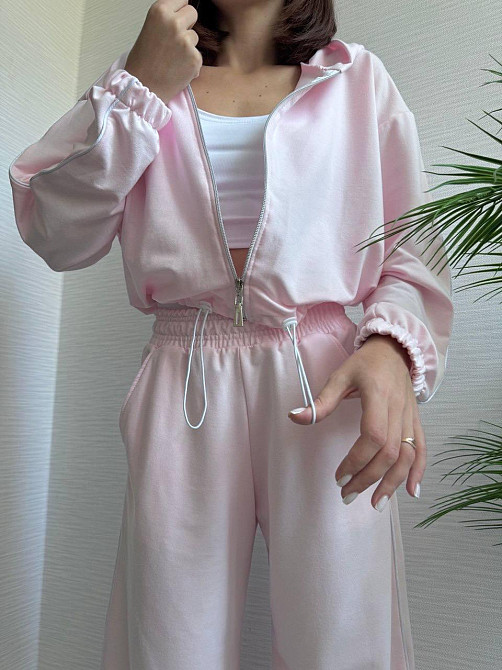 Женский прогулочный костюм тройка: кофта топ и штаны  двунить + микродайвинг Розовый, 46/48 Одесса - изображение 1