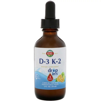 Вітамін KAL Вітамін D3 + K2, Vitamin D3 K2 Drop, цитрусовий смак, 59 мл. (CAL-41369) Вінниця - фото 1