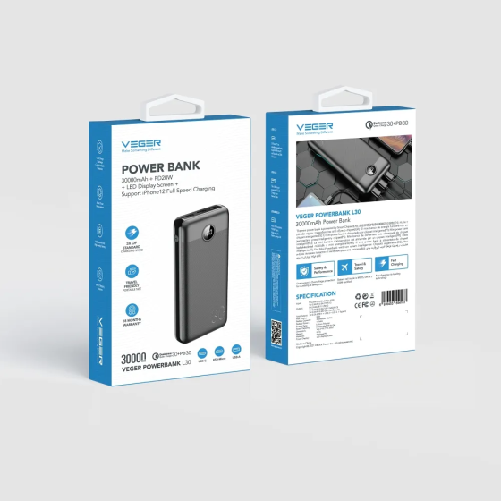 Зовнішній акумулятор VEGER 30000 mAh PD QC3.0 3A 20W L30 (W3008PD) black Одеса