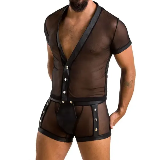 Комплект сітчастої чоловічої білизни Passion 052 SET MICHAEL L/XL black, сорочка, боксери, заклепки Львів