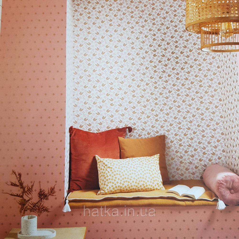 Шпалери вінілові на флізелін Caselio Mystery 0.53х10 м маленькі яскраві квіти листя рожеві золотисті на білому Київ - фото 1
