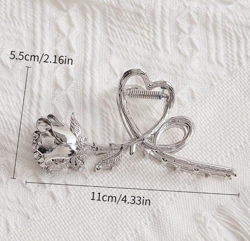 Заколка-краб для волос металлическая Роза с сердцем серебристая 11 см Киев - изображение 4